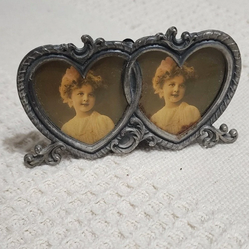Vintage Double Heart Miniature Picture Frame Pewter Tone Ornate Victorian Style
